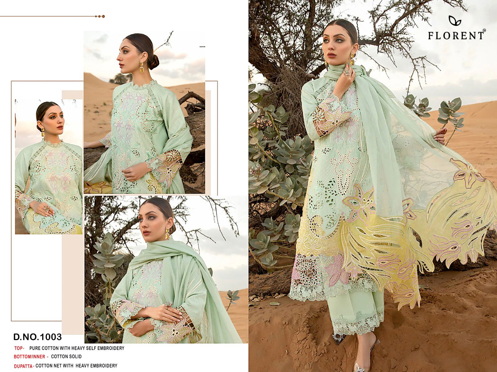 Florent 1001 To 1003 Embroidery Cotton Pakistani Suits Wholesale Price In Surat
